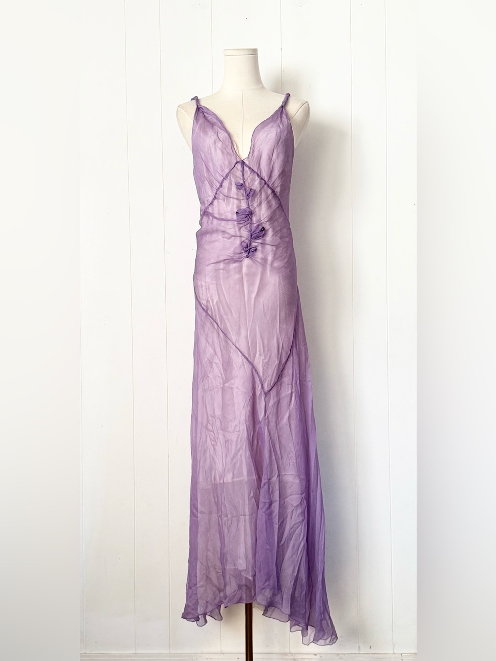 Vintage Max Studio 100% Silk Sheer Layered V-Neck Maxi Dress Medium Lilac NWT